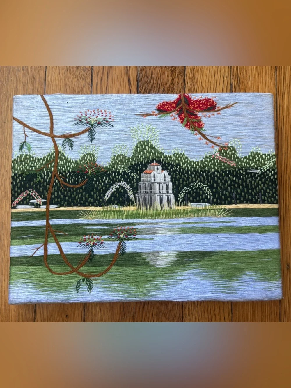 Vintage Embroidered Landscape Wall Art in Green, Blue and Red